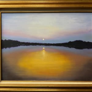 May include: A painting of a sunset over a still lake. The sky is a soft purple and pink, and the sun is setting behind a line of trees. The water is a calm, reflective surface, reflecting the colors of the sky and the sun.