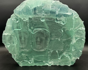 Raymond Martinez Green Cast Glass “Cycle De La Memoire” Faces Large Sculpture Signed