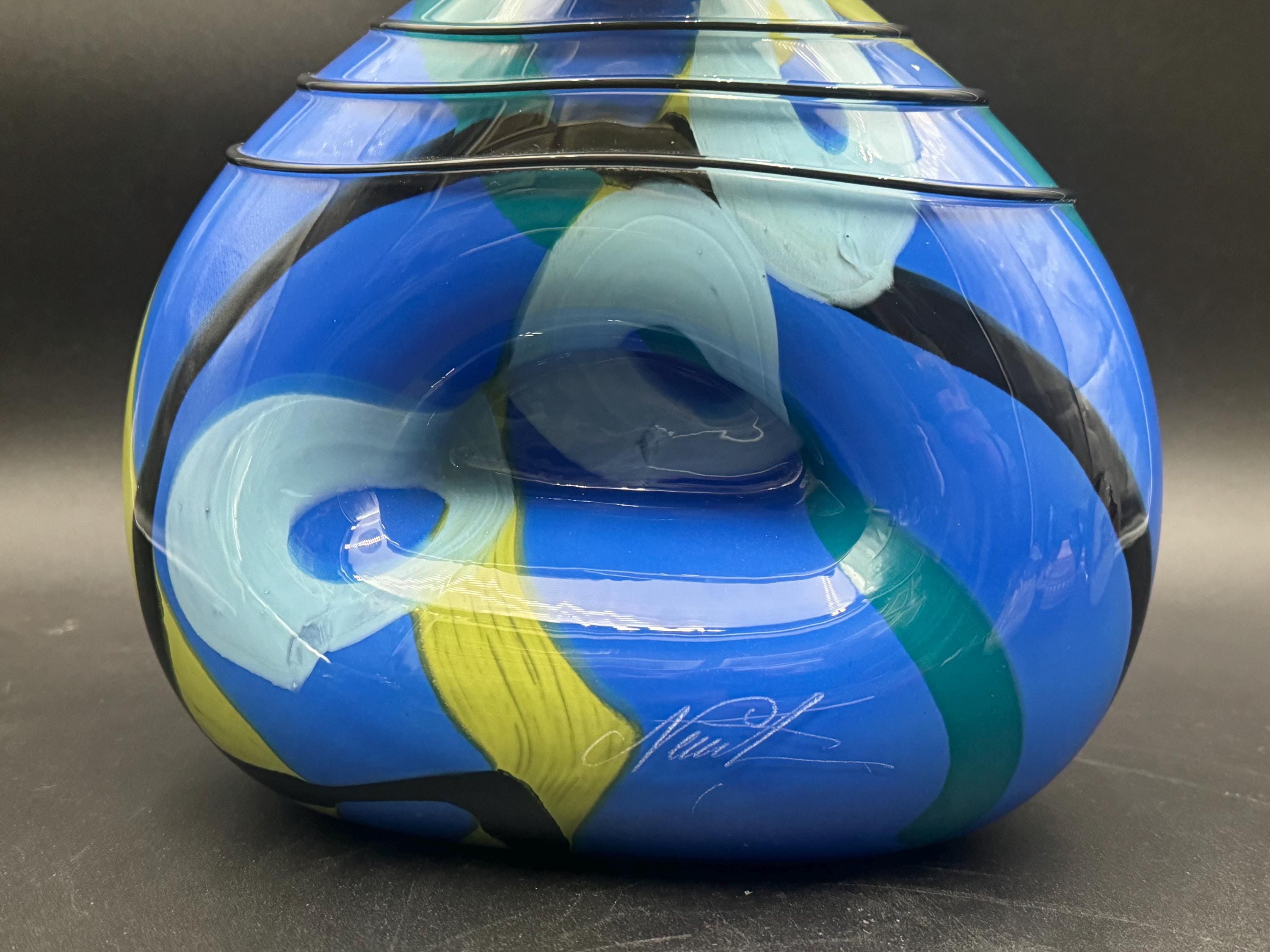 Ioan Nemtoi Art Glass Blue Multi Color Threaded Candy Vase