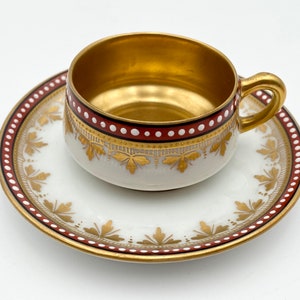 Antique Dresden George Heufel Red And Gold Gilt Scrollwork White Enamel Dots Tea Cup & Saucer