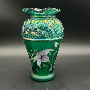 Fenton Glass Hand Painted Designer Showcase Series Emeral Green Floral Vase 8 1/4” H Signed