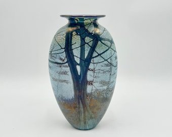 Rick Satava Art Glass “Mt. Shasta” Vase Detailed Design Signed 9” H