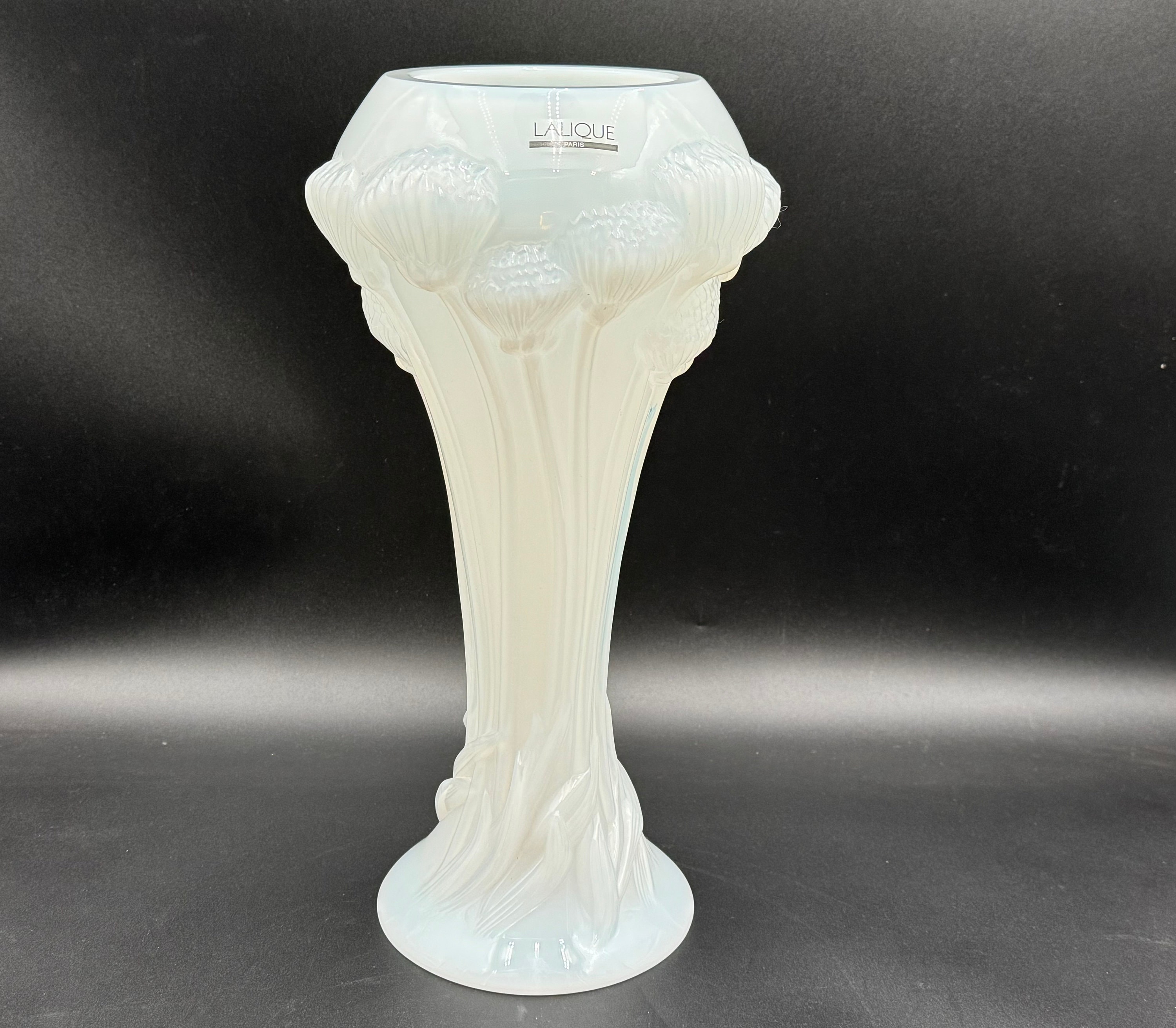 2005 Lalique France Crystal Button Rose Opalescent Vase 14” H