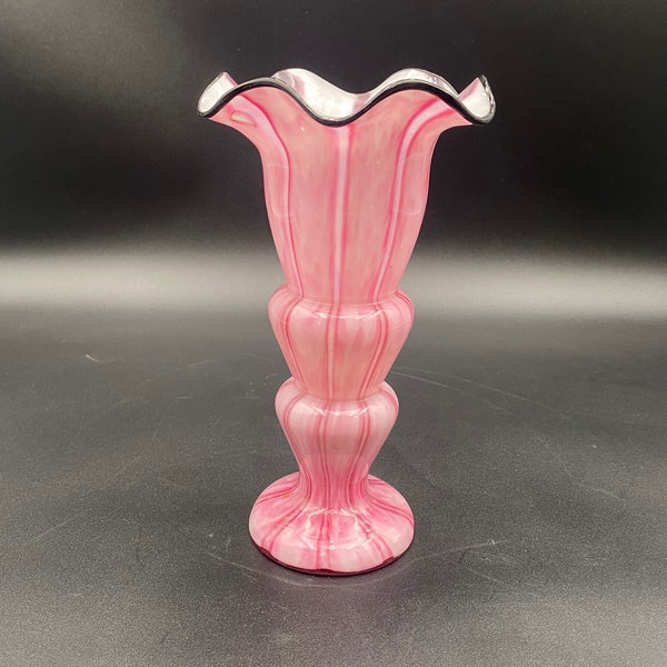 Franz Welz Bohemian Czech Pink Glass “Vertical Stripes” Vase Etched Stamped 8” H