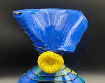Ioan Nemtoi Art Glass Blue Multi Color Threaded Candy Vase