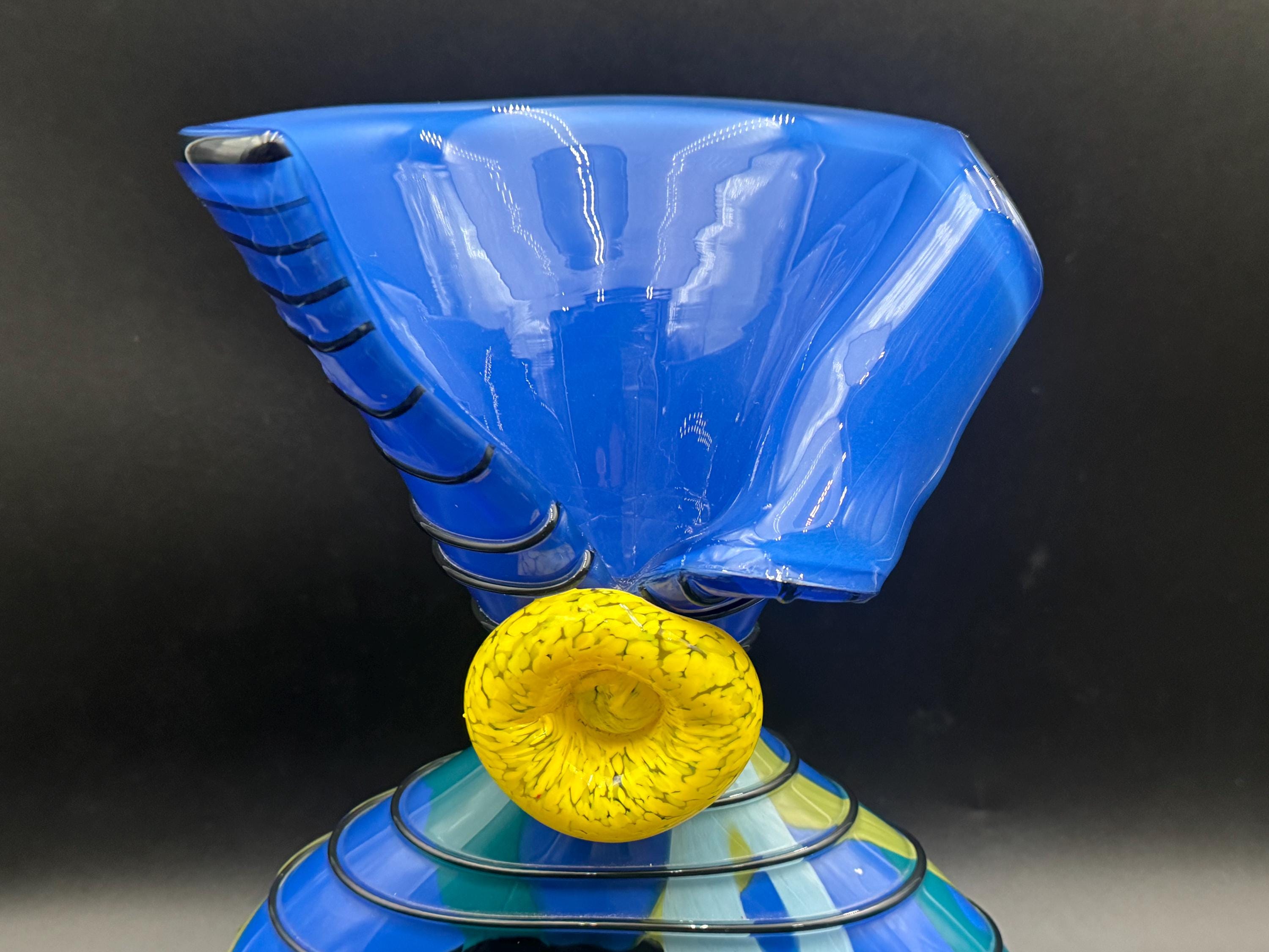 Ioan Nemtoi Art Glass Blue Multi Color Threaded Candy Vase