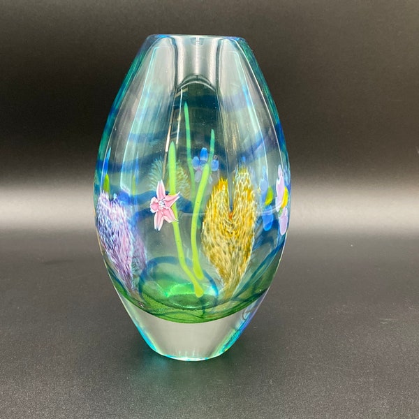 Caithness Scotland Art Glass “Spring Romance” Floral Green Paperweight Vase Artist Proof 7 1/2” H