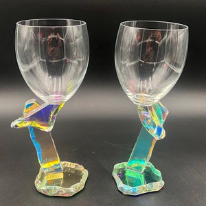 Pair of Steven Maslach Abstract Art Glass Dichroic Wine Glass Goblet Sculpture 8 1/2” H Signed Amazing