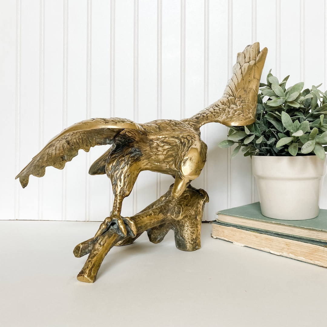 Vintage LARGE Brass Eagle on a Branch Statue, Vintage Brass Home Decor