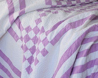 Purple and White Vintage Quilt, Large Vintage Quilt, Farmhouse Home Decor Cottage Decor, Irish Chain Quilt
