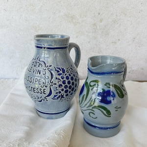 Blue Salt-Glazed French Alsace Pottery, Salt Glazed Wine Jug and Milk Pitcher
