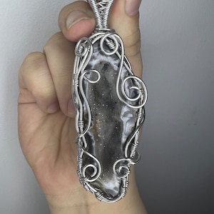Black Agate Druzy Geode Wire Wrapped Crystal Necklace Pendant with Adjustable 18-22” Rope chain