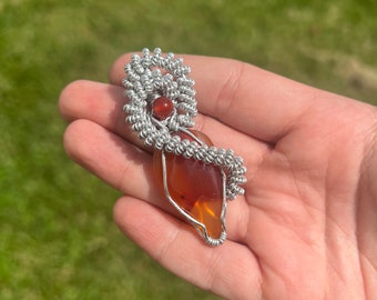 Carnelian Wire Wrapped Crystal Necklace Pendant with adjustable 18-22” rope chain