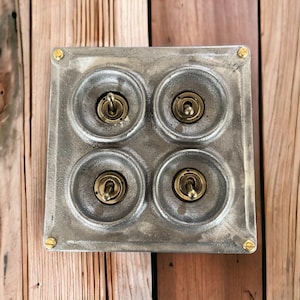 May include: A silver metal light switch plate with four round toggle switches. Each switch has a brass toggle and a brass surround.