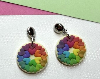 Rainbow Color Wheel Polymer Clay Earrings | Circle Stud Dangles | Color Theory Hearts