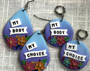 My Body My Choice Pastel Polymer Clay Earrings | Blue to Purple Ombre with Sculpted Flowers