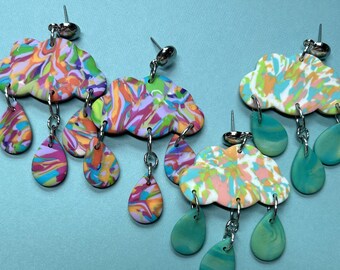 Watercolor Rainbow Swirl Polymer Clay Rain Cloud & Rain Drop Dangle Earrings