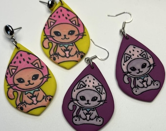 Strawberry Kitty Polymer Clay Earrings | Illustrated Cat Dangles
