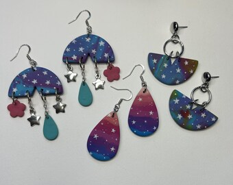 Outer Space Polymer Clay Dangles | Stars | Galaxy | Purple Earrings
