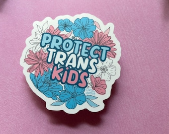 Proteja Crianças Trans | Adesivo de Vinil à Prova D'água | Adesivo Floral Redondo Ilustrado