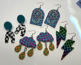 Funky Checkerboard Polymer Clay Earrings | Bold Bright Statement Punk Rock Earrings