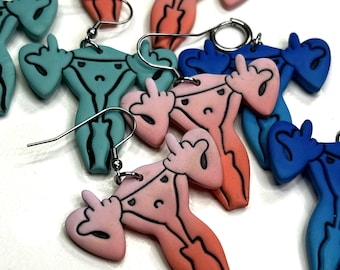 Angry Middle Finger Uterus Polymer Clay Earrings | Feminist Colorful Dangles