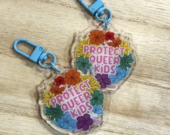 Protect Queer Kids Keychain | Acrylic Illustrated Jacket Pull | Rainbow Flowers