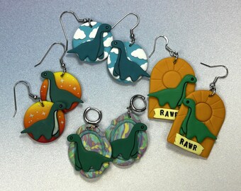 Dinosaur Polymer Clay Earrings | RAWR | Neon Ombre Circle Dangles