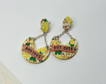 Anxious But Cute Polymer Clay Dangle Earrings | Yellow & Green Retro Vibes
