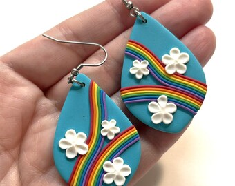 Rainbow Polymer Clay Earrings with Flowers &  Clouds | Sky Blue Teardrop Dangles
