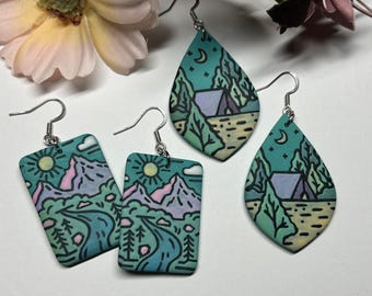 Hand Painted Outdoorsy Polymer Clay Earrings | Mountain Landscape | Camping