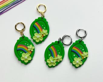 Rainbow Pride Polymer Clay Earrings | Green Lucky Charms | Huggie Hoops