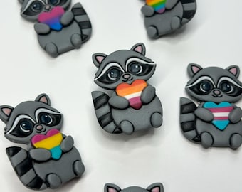 Jacket Button Pride Raccoon | Polymer Clay Brooch | Heart Shaped Pride Flags