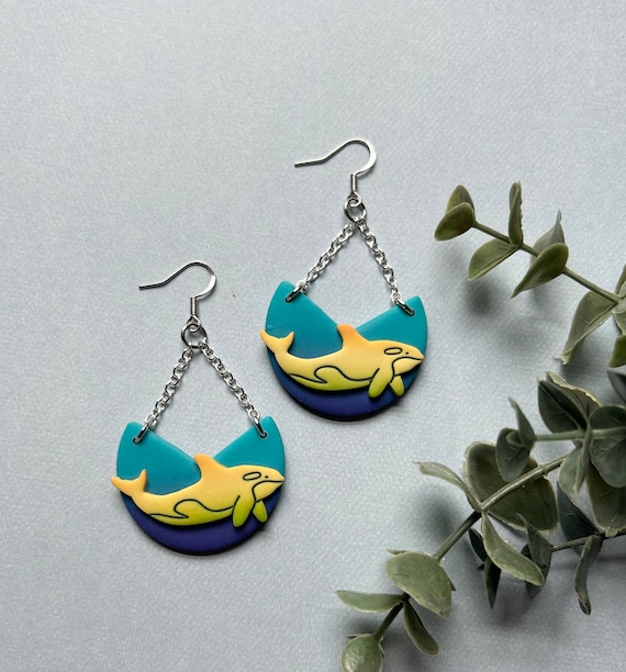 Neon Orca Whale Dangle Earrings Polymer Clay Sunset Ombre