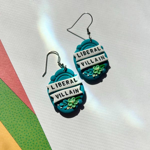 Liberal Villain Polymer Clay Earrings | Teal Floral Danglea | Snarky Humor