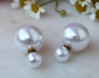 20% off sale PEARL Double Ball Stud Earrings Minimalist Chic Double Sided Front Back Earrings