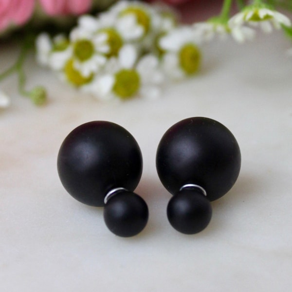 20% off sale Matte BLACK Double Ball Stud Earrings Minimalist Chic Double Sided Front Back Earrings