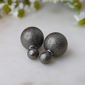 20% off sale Matte GUNMETAL Foil Double Ball Stud Earrings Minimalist Chic Double Sided Front Back Earrings Dark Gray