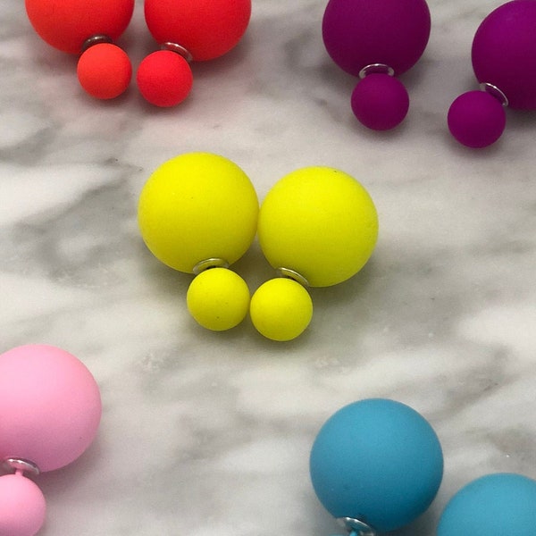 20% off sale Matte Neon Yellow Double Ball Stud Earrings Minimalist Chic Double Sided Front Back Earrings Neon Bright Yellow Earrings