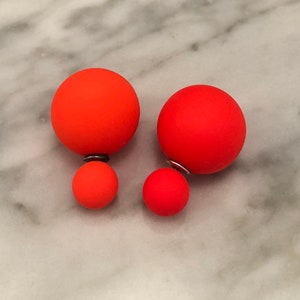 20% off sale Matte Bright ORANGE Double Ball Stud Earrings Minimalist Chic Double Sided Front Back Earrings Neon Orange Studs