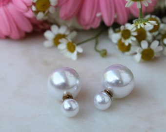 20% off sale PEARL Double Ball Stud Earrings Minimalist Chic Double Sided Front Back Earrings