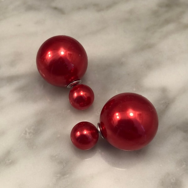 20% off sale Red PEARL Double Ball Stud Earrings Minimalist Chic Double Sided Front Back Earrings