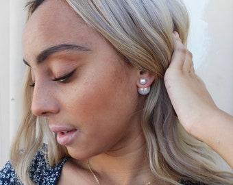 20% off sale PEARL Double Ball Stud Earrings Minimalist Chic Double Sided Front Back Earrings