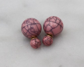 20% off sale PINK MARBLE Double Ball Stud Earrings Minimalist Chic Double Sided Front Back Earrings