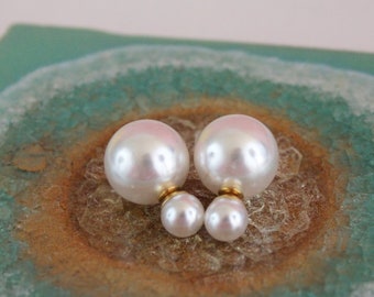 20% off sale PEARL Double Ball Stud Earrings Minimalist Chic Double Sided Front Back Earrings