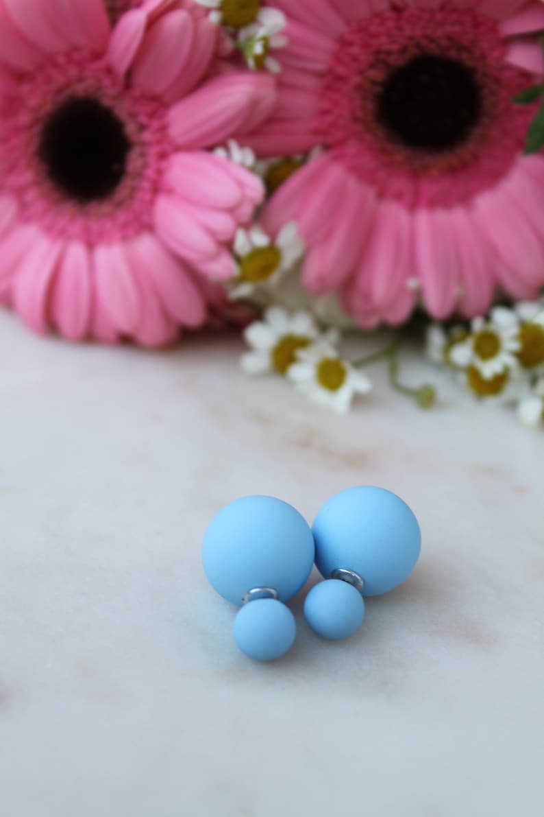 20/% off sale Sky BLUE Double Ball Stud Earrings Minimalist Chic Double Sided Front Back Earrings