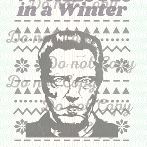 Könnte beinhalten: Eine digitale Illustration in Grau und Weiß eines Männergesichts mit dem Text "Walken in a Winter Wonderland" über dem Bild.