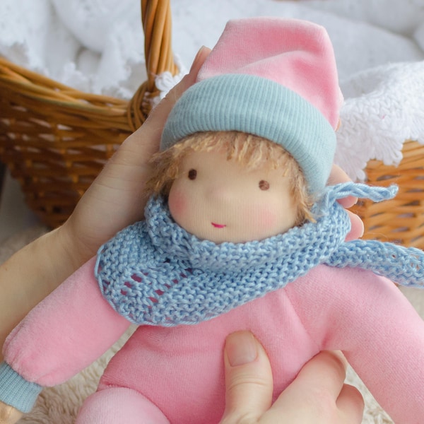 Waldorf baby doll 11 inches 28 cm Steiner doll Soft body Bunting doll for toddler Textile doll Natural doll Gift for toddler Pink colour