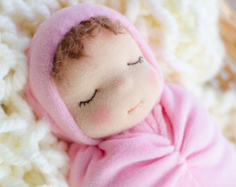 Waldorf doll for sleep Sleepy baby doll 11" Bedtime doll Swaddled waldorf doll soft Natural Doll Pink color Waldorf inspired Cuddle doll