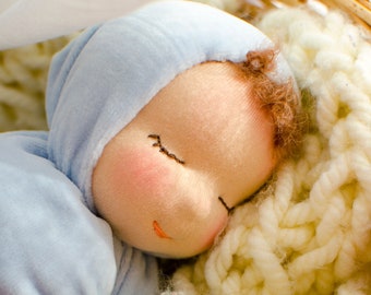 Waldorfpuppe zum einschlafen Babypuppe Junge mit geschlossenen Augen 11" Kuschelpuppe Gute-Nacht-Puppe Stoffpuppe Naturpuppe Hellblaue Farbe